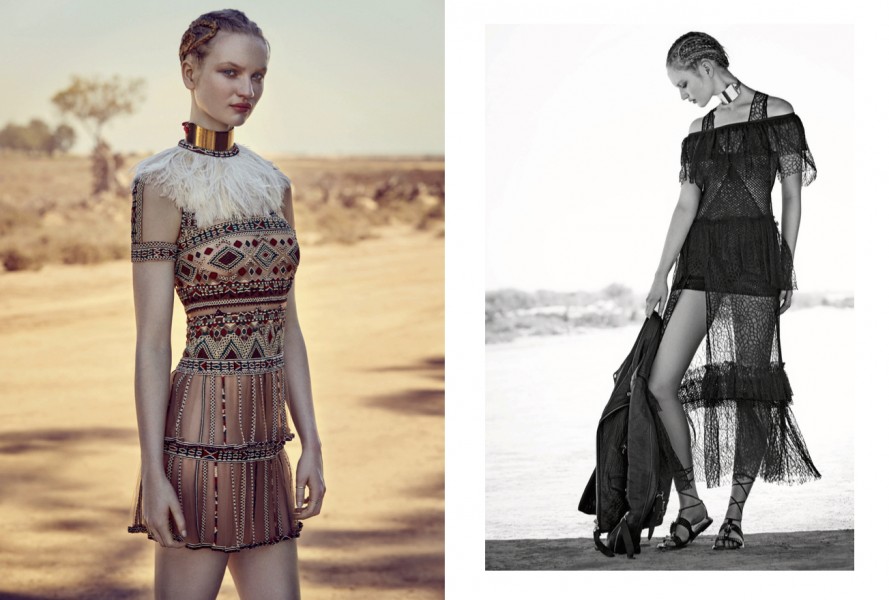 Left | Beaded dress and feather collar: Valentino / Gold choker: Elie Saab Right | Lace dress: Sonia Rykiel / Leather jacket: Untitled / Leather sandals: Valentino / Gold choker: Elie Saab (as before)