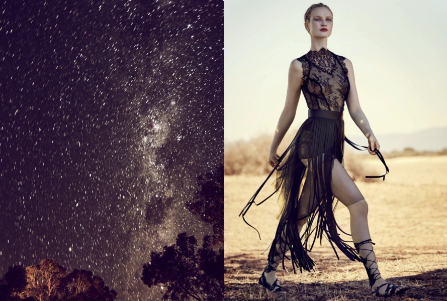 Lace blouse: Natasha Zinko / Leather fringed skirt: Neil Barratt / Chiffon skirt (worn underneath): DKNY / Chiffon knickers: Valentino / Leather sandals: Peter Pilotto x Ancient Greek Sandals