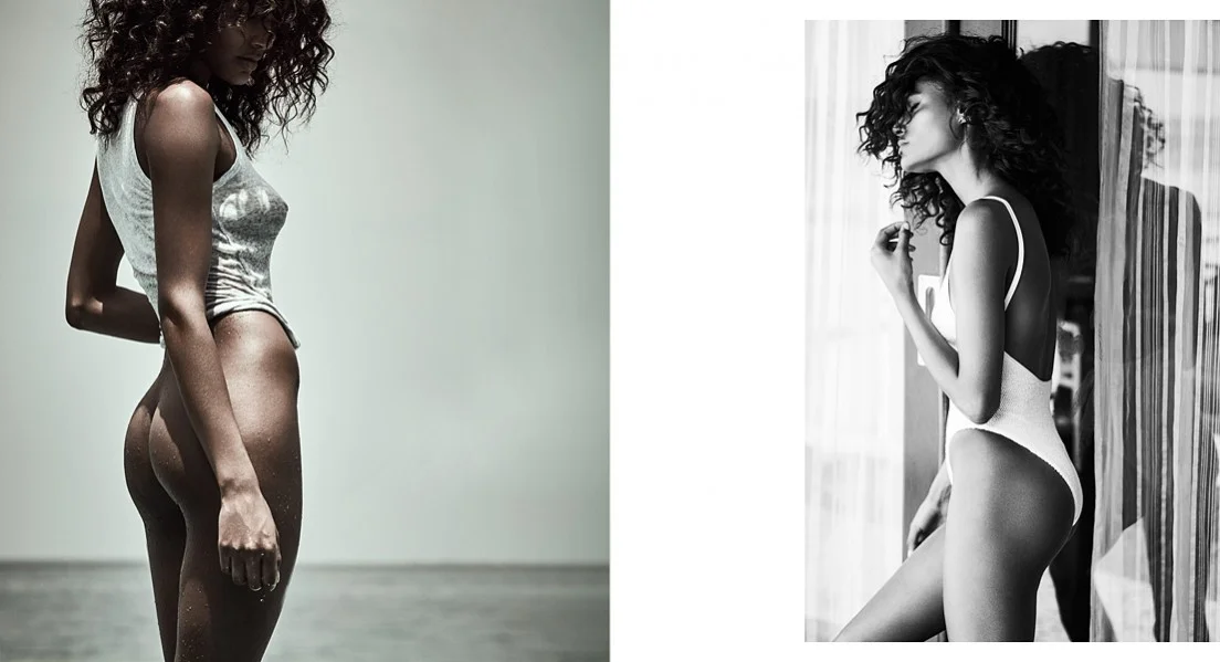 Left: Grey tank: American Vintage Right: White swimsuit: Hunza G / Gold Hoop Earrings: London Road Jewellery
