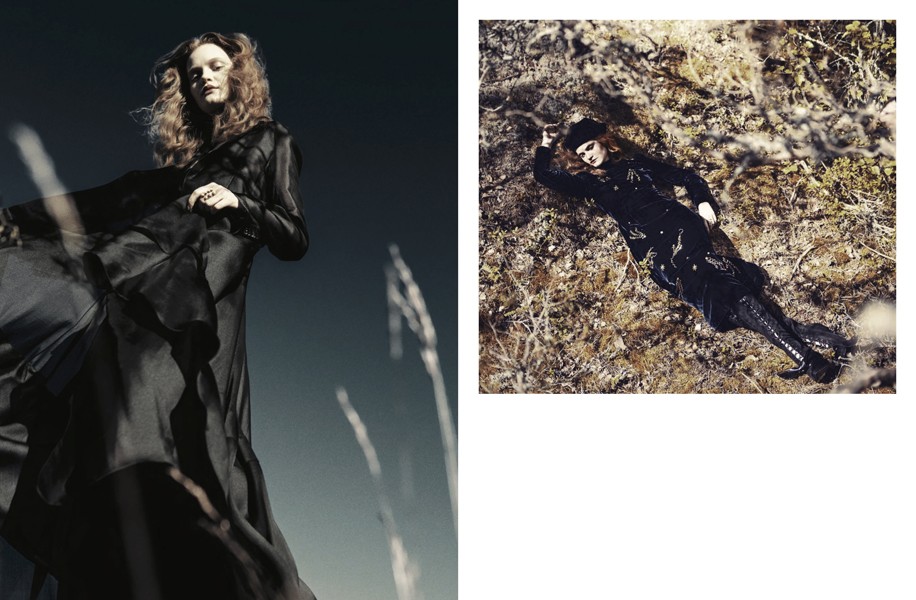 Left | Dress and chiffon coat: Antonio Berardi / Rings: Cornelia Webb (as before) Right | Velvet Dress and Hat: Prada / Boots: Preen by Thornton Bregazzi