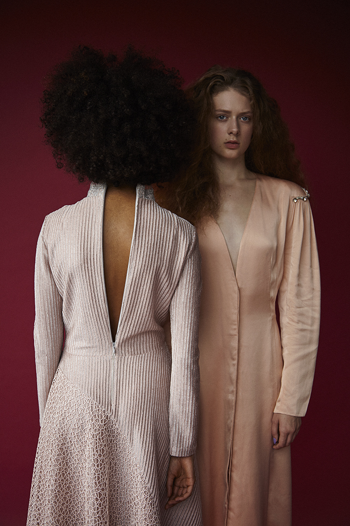 Nadia wears pale pink embellished dress by Peter Pilotto. Erin wears satin peach dress by Lanvin