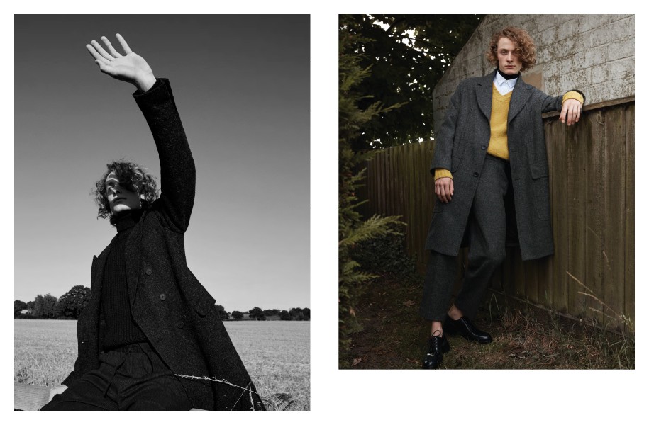 Left" Coat: BLK DNM / Fisherman’s jumper: Carrier Company / Trousers: YMC Right: Coat and trousers: Lou Dalton / Roll neck: Sunspel / Shirt: Our Legacy / Jumper: Marni / Shoes: Versace