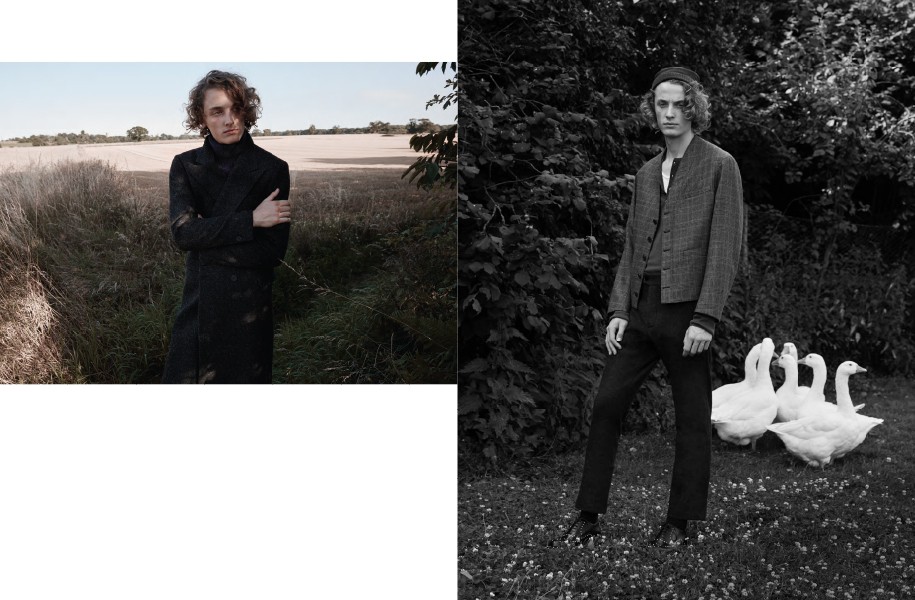 Left: Coat: BLK DNM / Jumper: Carrier Company Trousers: YMC | Right: Jacket: Caruso / Henley top: John Varvatos / Vest: Sunspel / Trousers: Helbers / Shoes: Valentino / Hat: Berluti 
