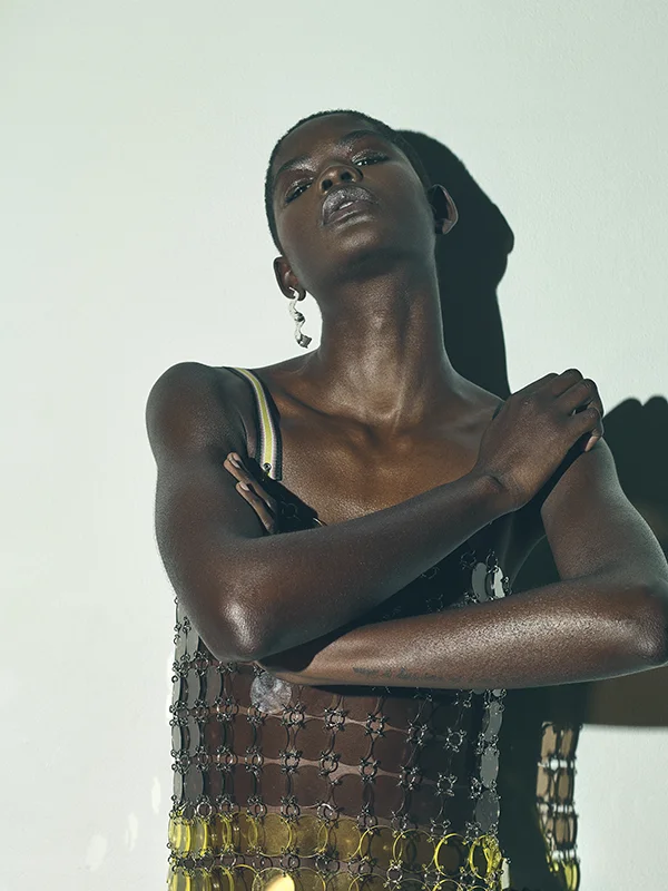 Plastic top by Mary Katrantzou , earring by Zohra Rahman