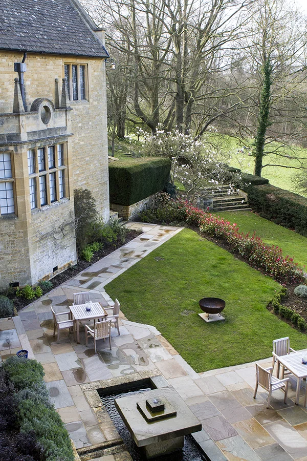The back of Foxhill Manor and the terrace area