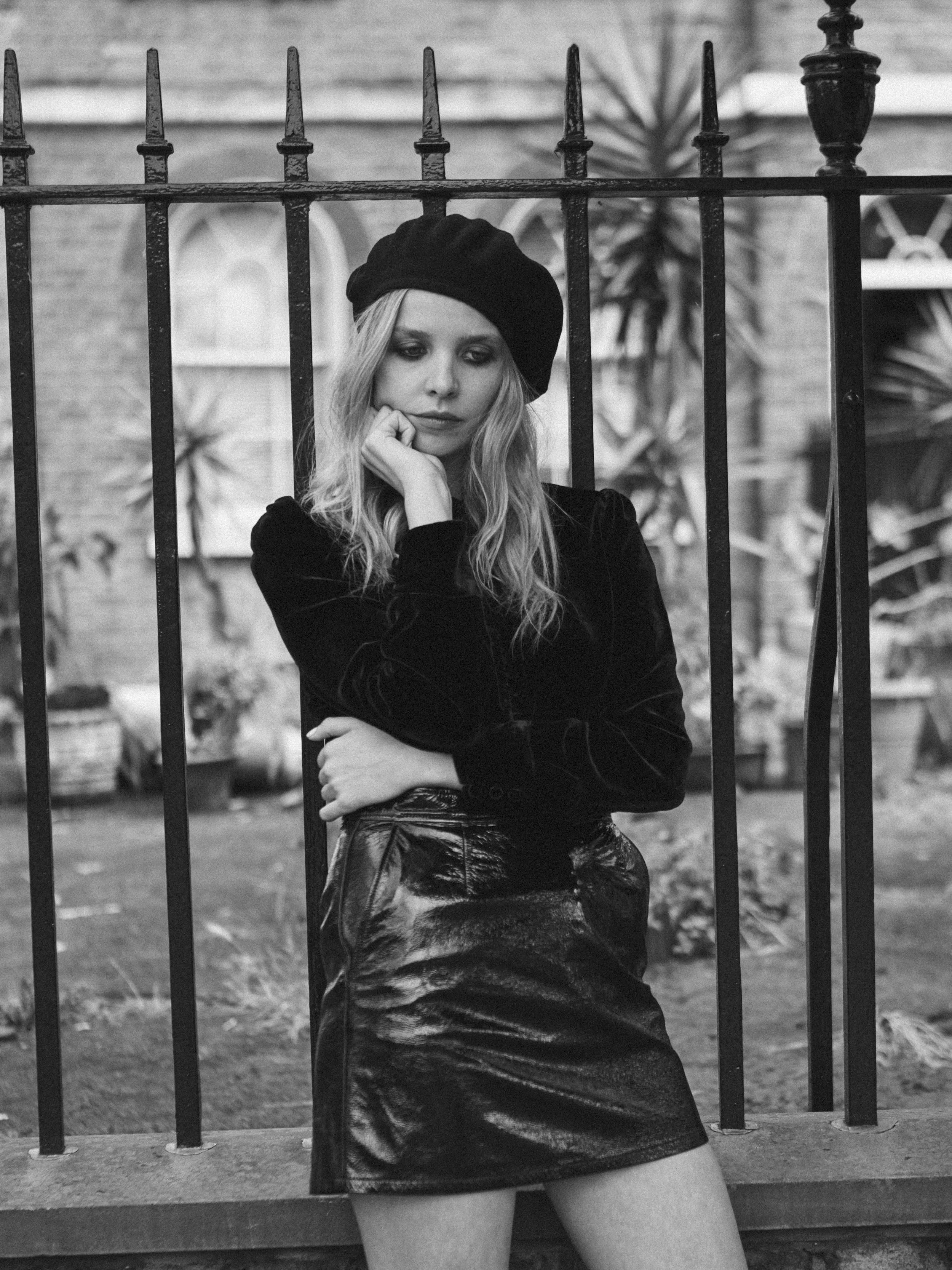 Skirt & shirt by Frame Denim, beret by Gucci