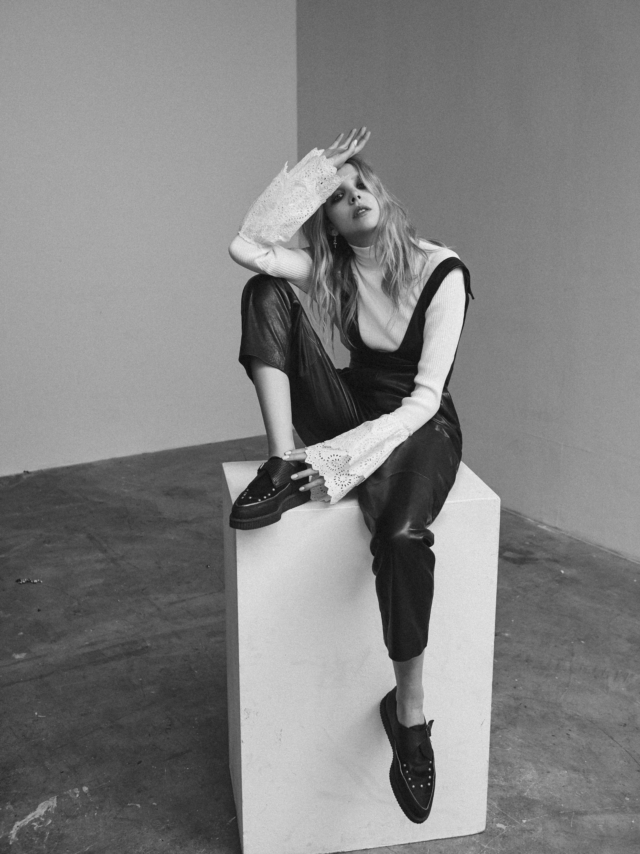 White top by Osman Yosefzada, leather dungarees by Tibi, shoes by Underground
