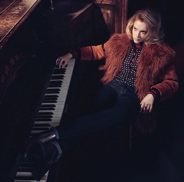 Polo, coat, jeans and boots: Sonia by Sonia Rykiel / Spotty shirt: Bella Freud / Rings: Amprali & Shaun Leane