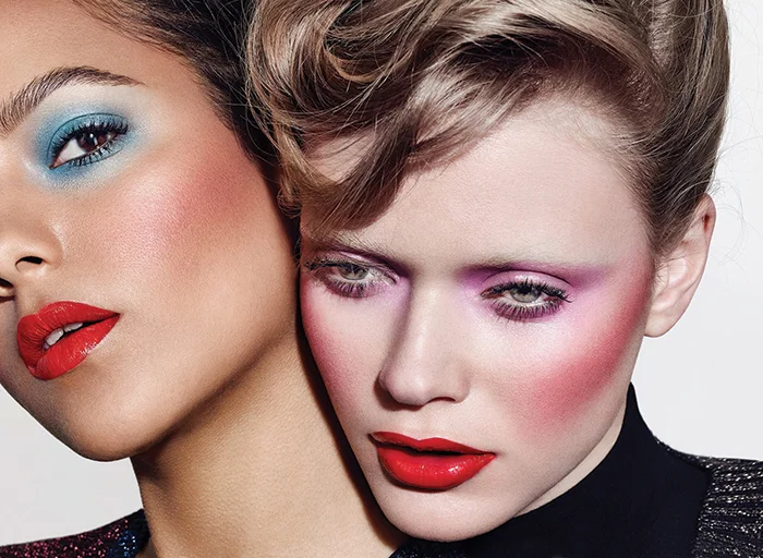 Left: Eyeshadow in Tilt / Blush in Ambering Rose / Lipstick and Lipglass in Ruby Woo Right: Eyeshadow in Crème de Violet / Blush in Dollymix / Lipstick and Lipglass in Russian Red. All make-up by MAC All knitwear: Bella Freud