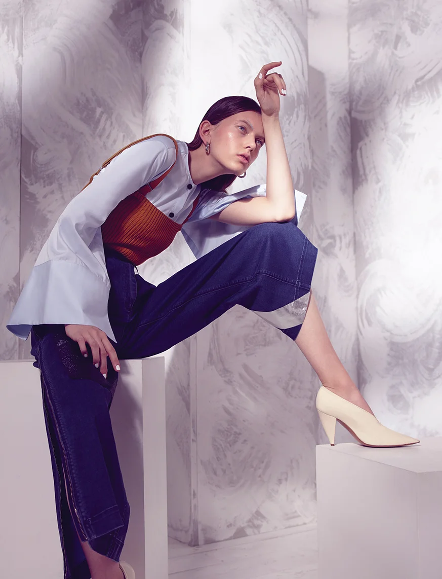 Shirt: Eudon Choi, Knit top: Toga , Denim culottes: Osman , Shoes and silver hoop earrings: Céline