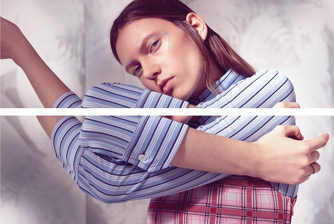 Striped shirt and crop top: Prada , Ring: Allison Bryan
