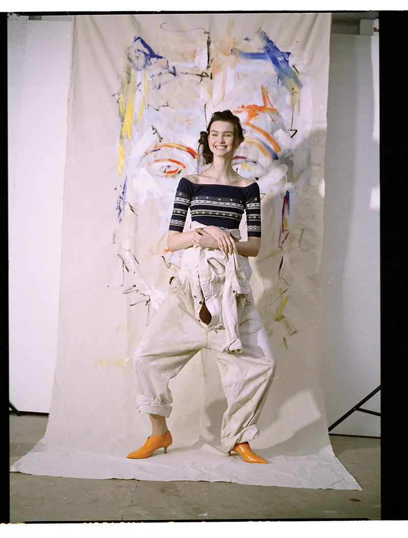 Top and shorts (just seen): RED Valentino / Shoes: Tibi / Overalls: Artist’s own 