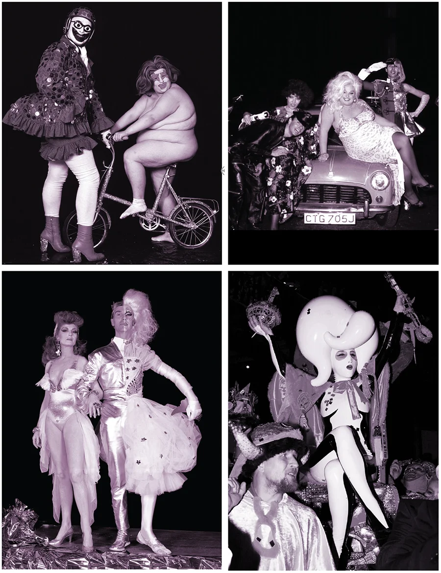 Clockwise from top left: Leigh Bowery and Fat Jill at The Alternative Miss World, 1986 / Logan with co-host Divine, and friends, in 1978 / Winner Miss Zero + at The Alternative Miss World , 2014 / Logan and co-host Rula Lenska in 1991