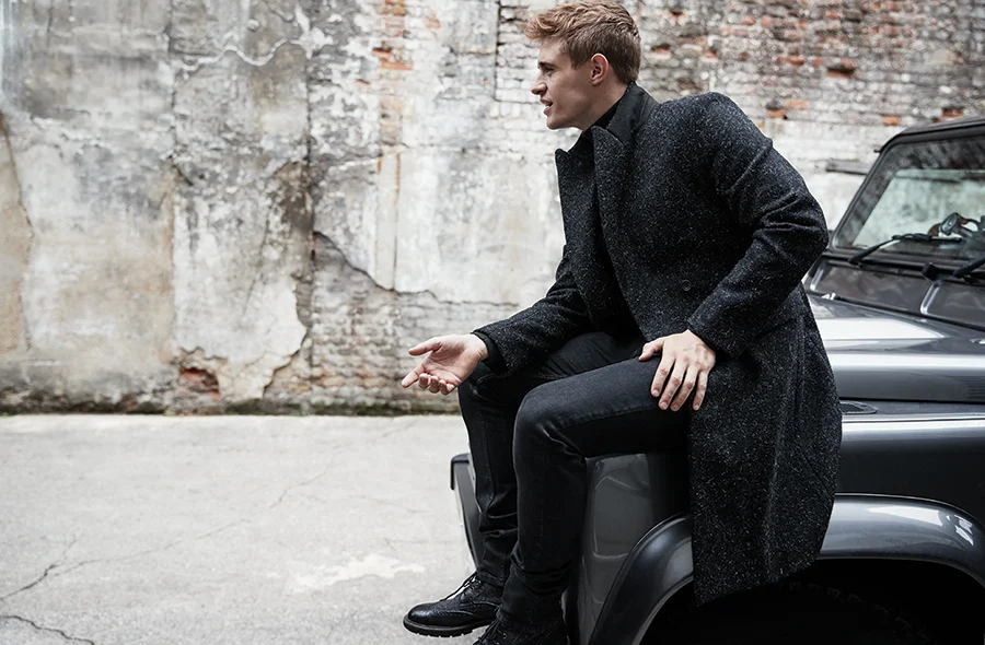 Overcoat: Matthew Miller / Polo knit: Mr P @ mrporter.com / Jeans: Kent & Curwen