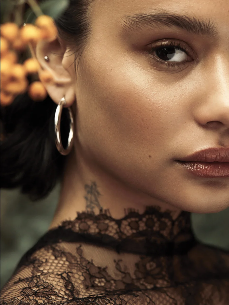 Chantilly lace cape: Maria Lucia Hohan @ matchesfashion.com / Earring: Georgiana Scott