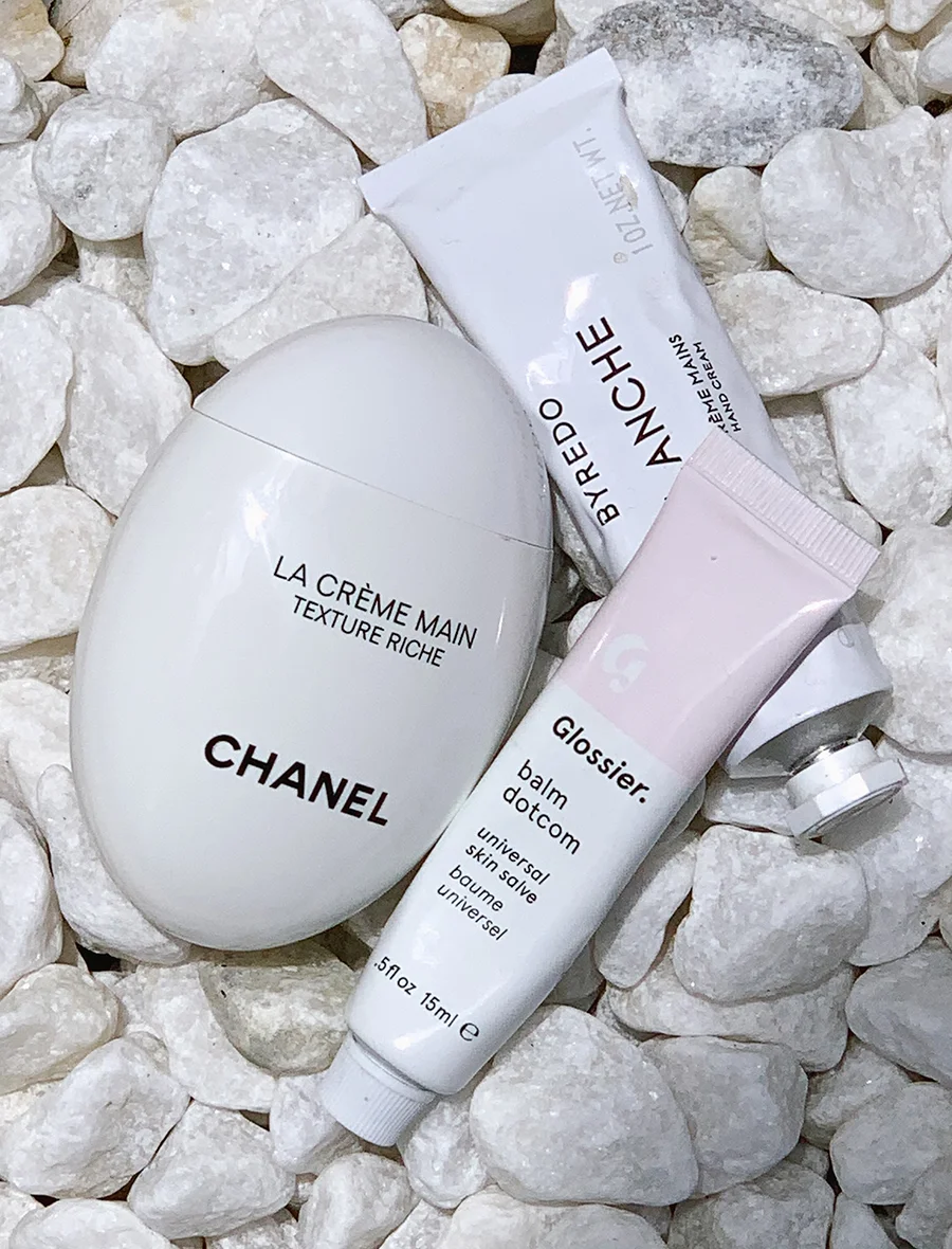 Clockwise from left: Chanel | LA CRÈME MAIN Texture Riche - £45.00 BYREDO | Blanche hand cream - £29.00 Glossier | Balm dotcom - £10.00