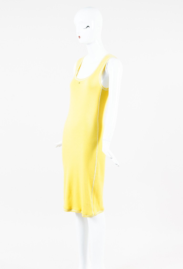 CHANEL YELLOW COTTON CASHMERE RIBBED KNIT 'CC' SLEEVELESS MIDI DRESS; Size: 40 FR; $590.00
