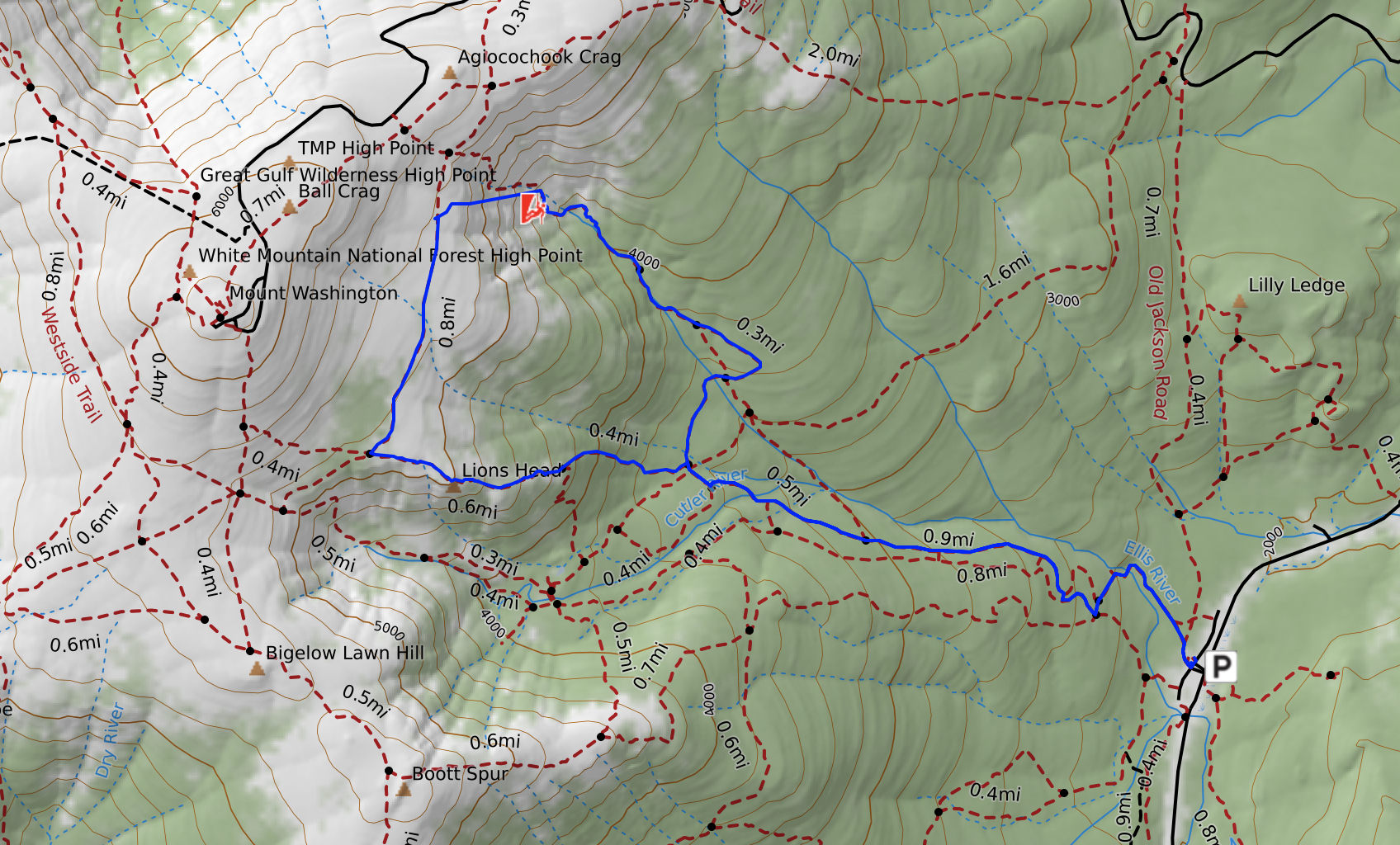 Route from Day 1. Pinnacle Gully is about where the climber icon is.