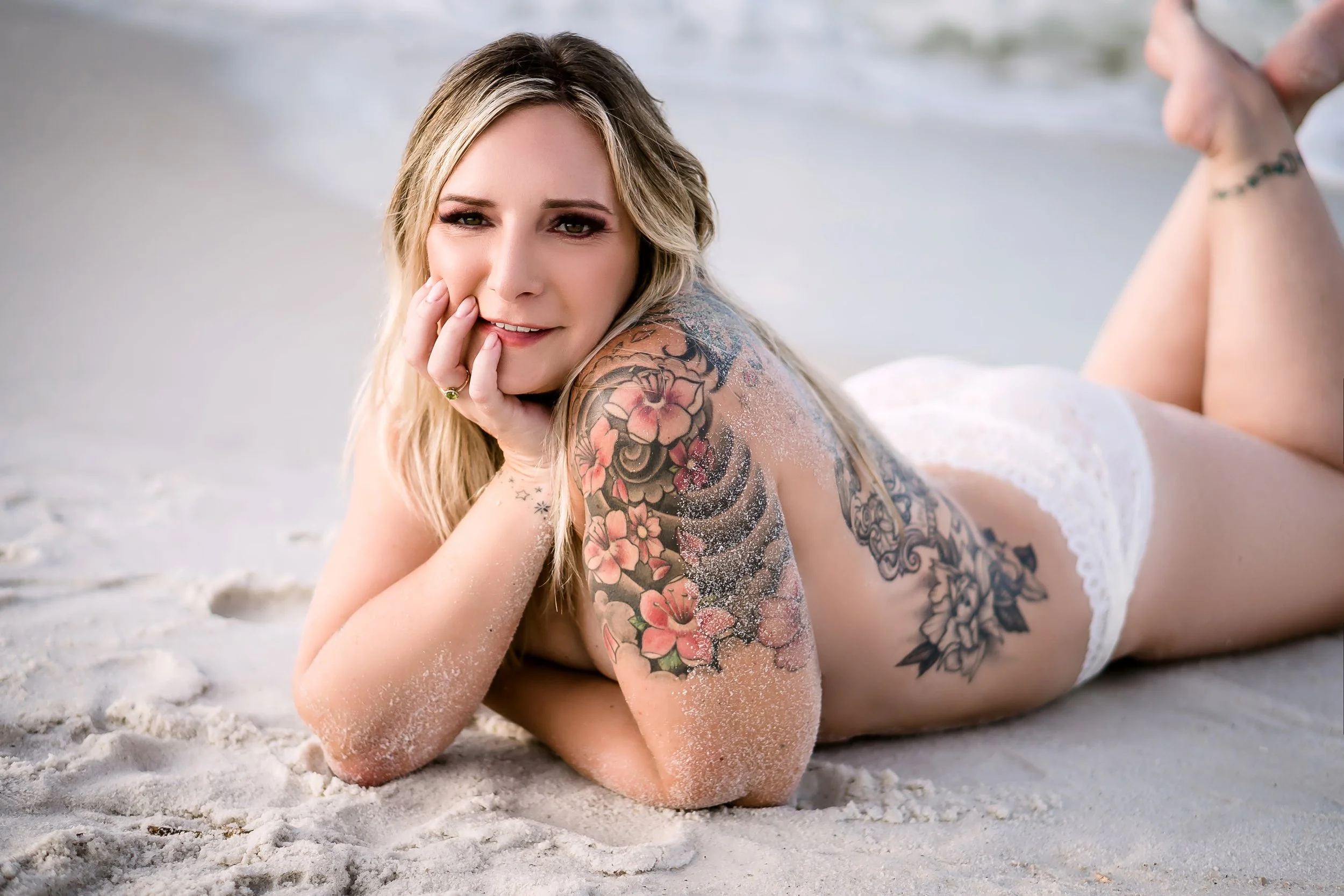 woman in white lingerie on the beach in Destin