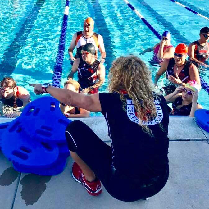 olympic triathlon training planRosa Laura coaching triathletes during a swim training session