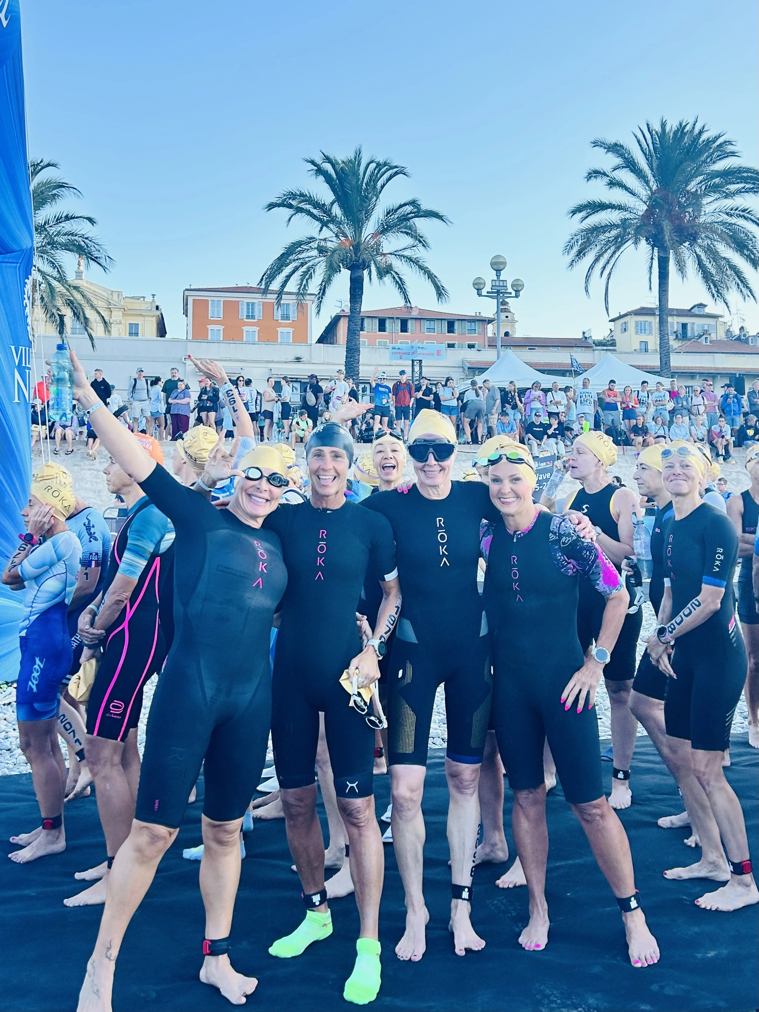 Rosa Laura with fellow athletes at the swim start of the 2026 IRONMAN 70.3 World Championship in Nice, France.