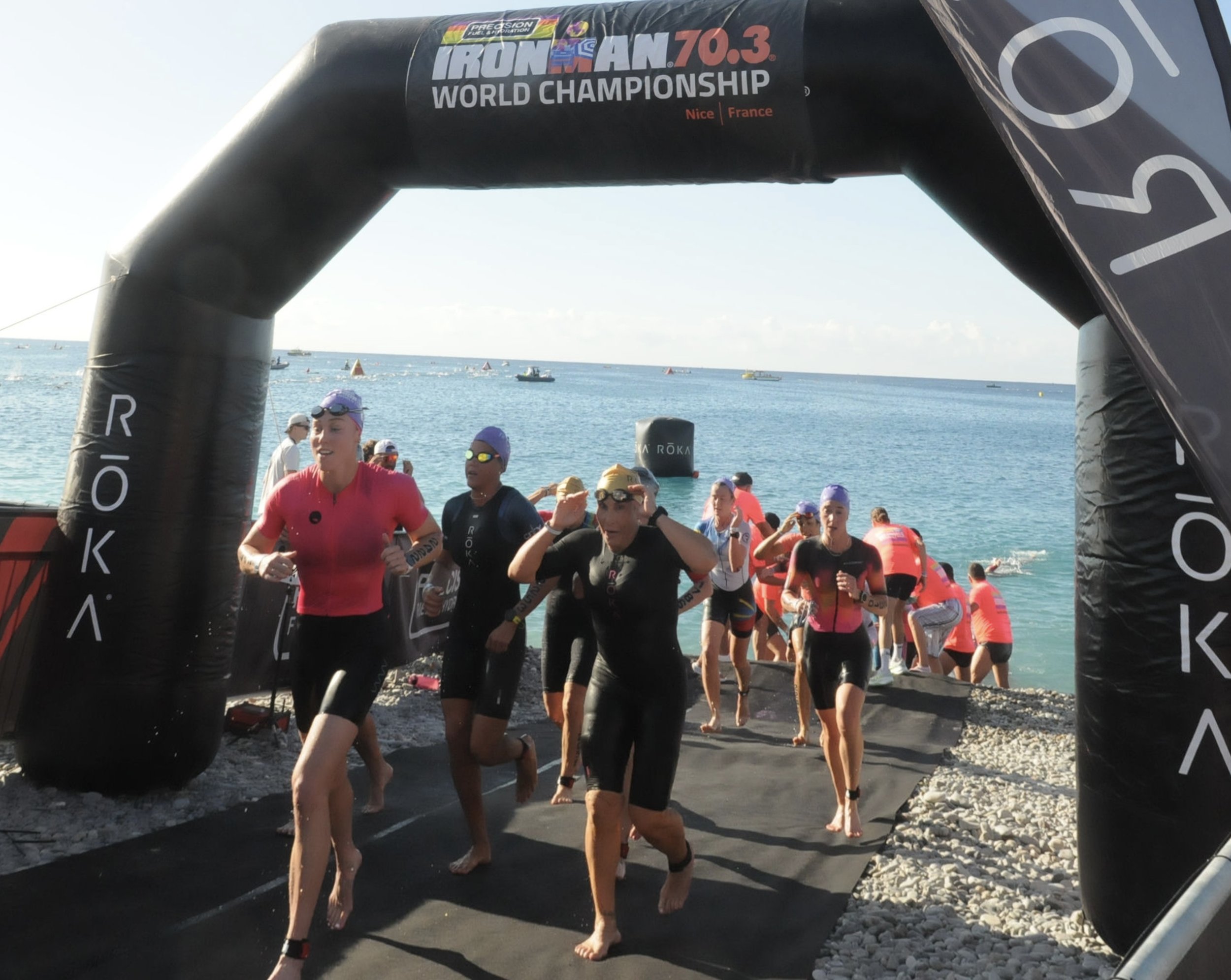 Rosa Laura exiting the Mediterranean swim at the 2026 IRONMAN 70.3 World Championship in Nice, France.