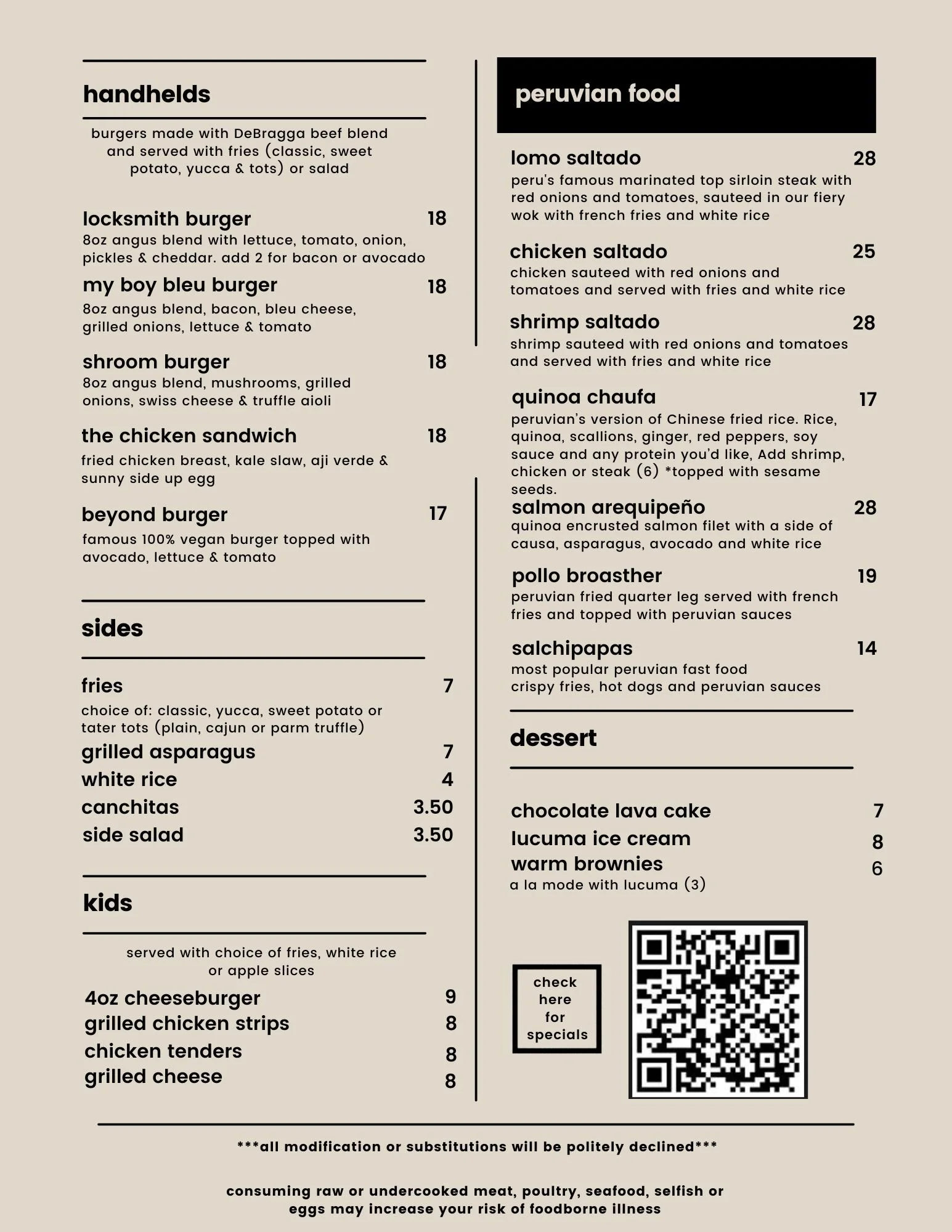 MENU — Locksmith Bar