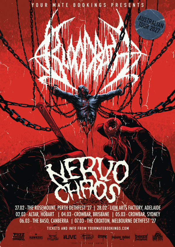 Bloodbath and NervoChaos Australian Tour 2027 poster, with seven dates from 27 February to 7 March. Full dates and ticket details are listed above.