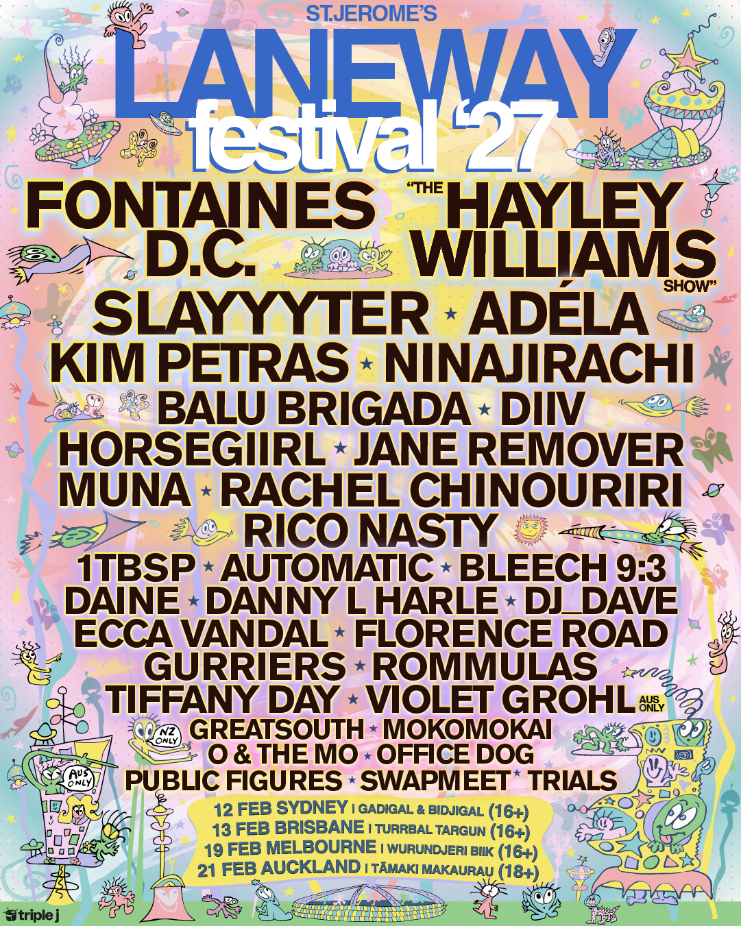 Laneway Festival 2027 lineup poster, led by Fontaines D.C. and The Hayley Williams Show. Australian dates: Sydney 12 February, Brisbane 13 February and Melbourne 19 February. Full Australian lineup is listed above.