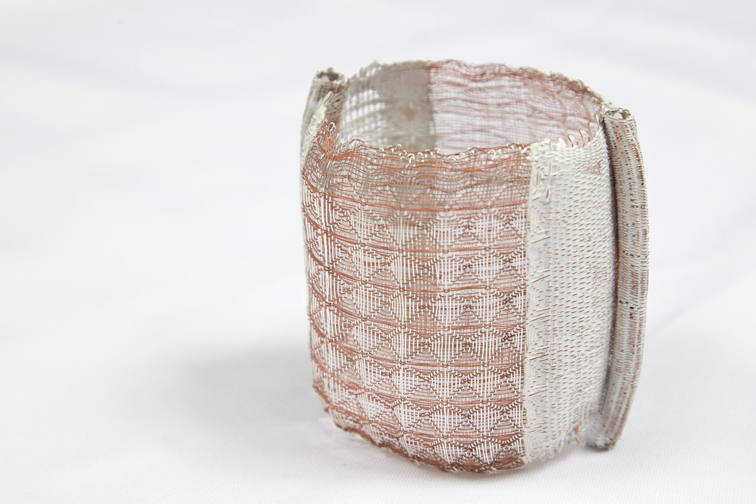  Handwoven fine silver and copper. Double waffle weave construction. Enameled. 