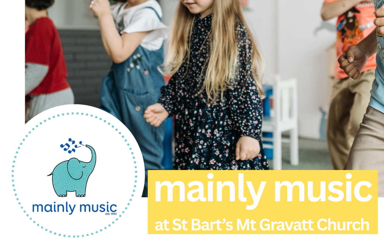 Children dancing and playing in a classroom with a mainly music logo and event information overlay.
