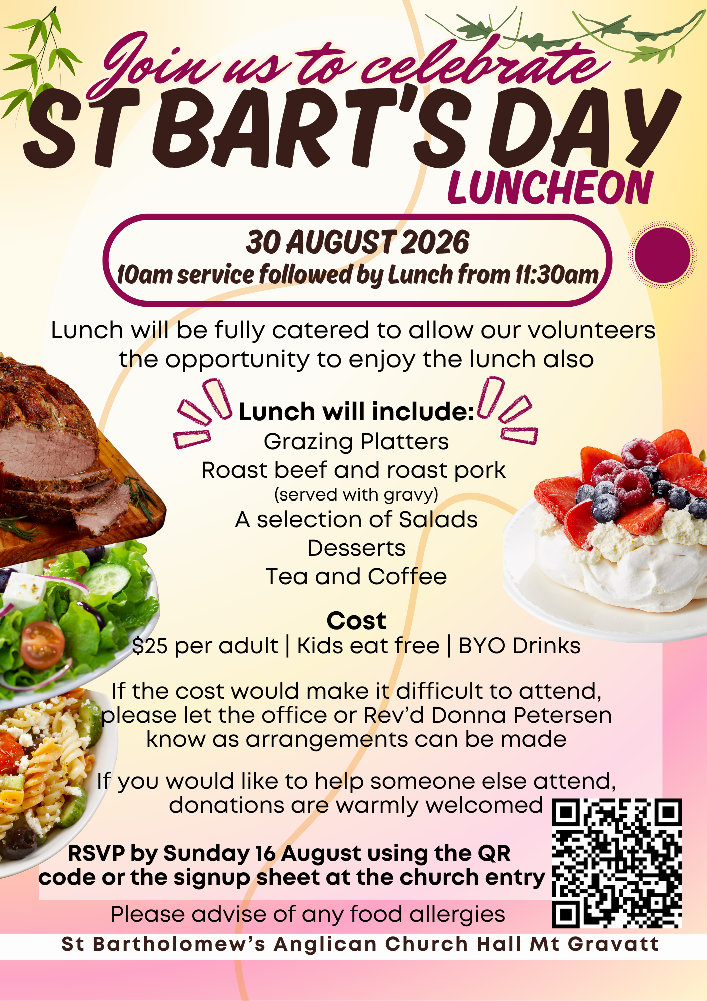 A colorful flyer for a St. Bart's Day Luncheon event, featuring images of a beef roast, a garden salad, and a fruit pavlova dessert, with event details including date, time, menu, cost, and RSVP instructions.