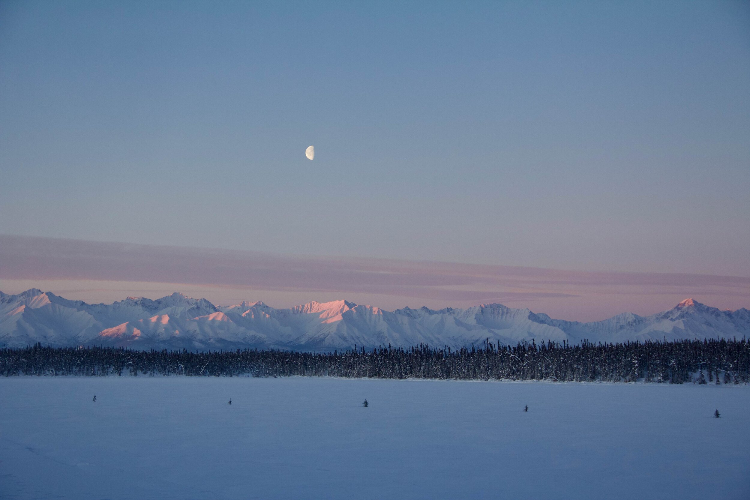  A snowy landscape of mountains in Tetlin National Wildlife Refuge. Trees line the mountains below as a waning moon hangs above.  