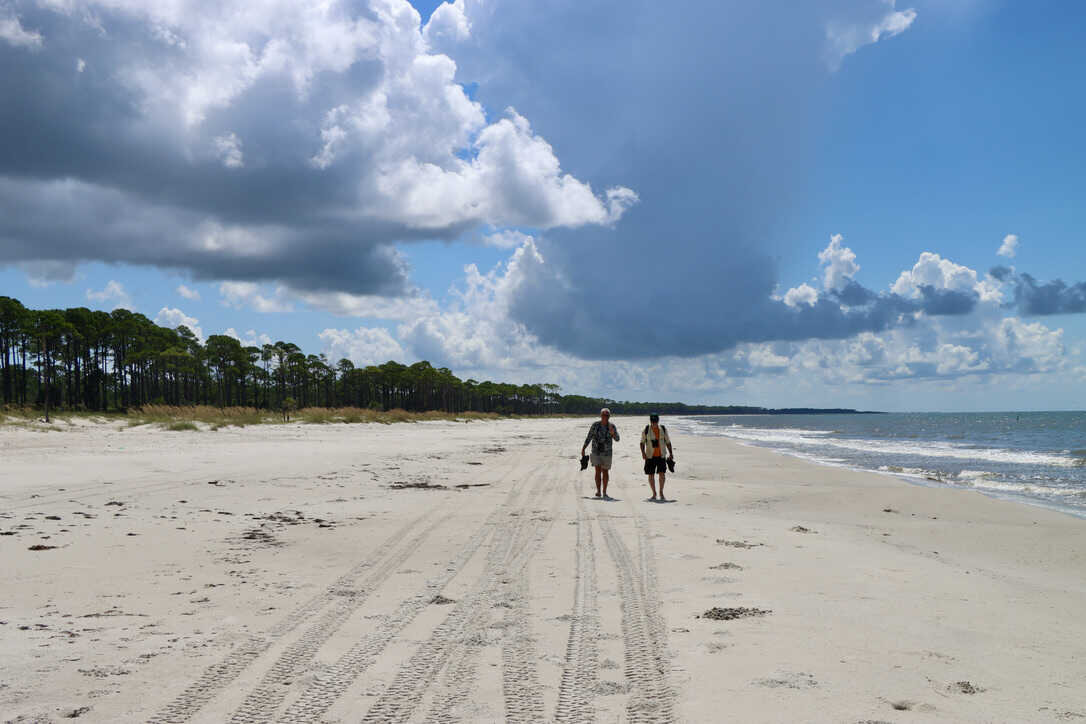  David and Richard walking along the beach while cumulus clouds billow over the island  (St. Vincent NWR)  
