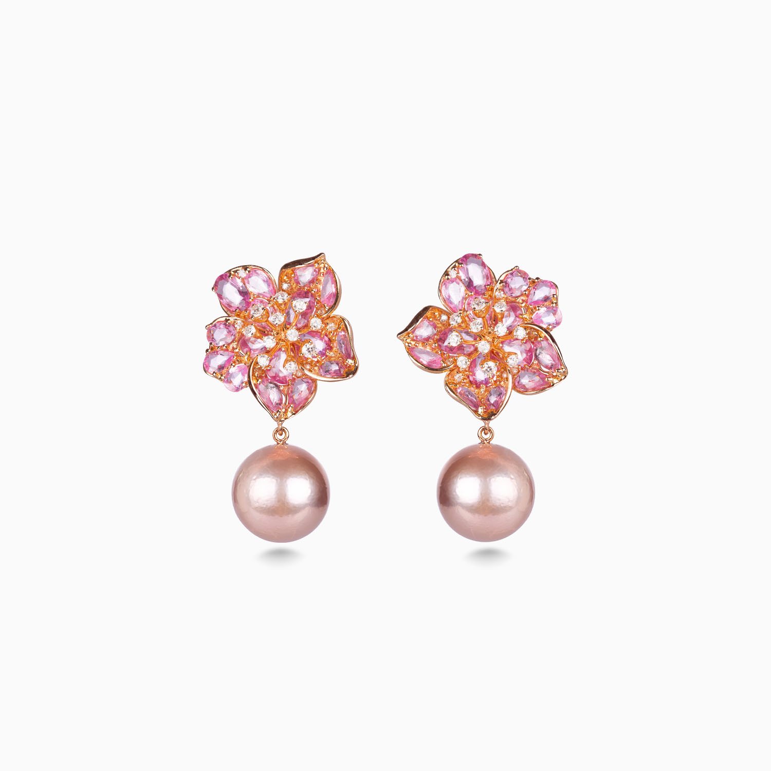 Delphinium Rose Gold Diamond and Pink Sapphire Flower Earring With Pearl.jpg