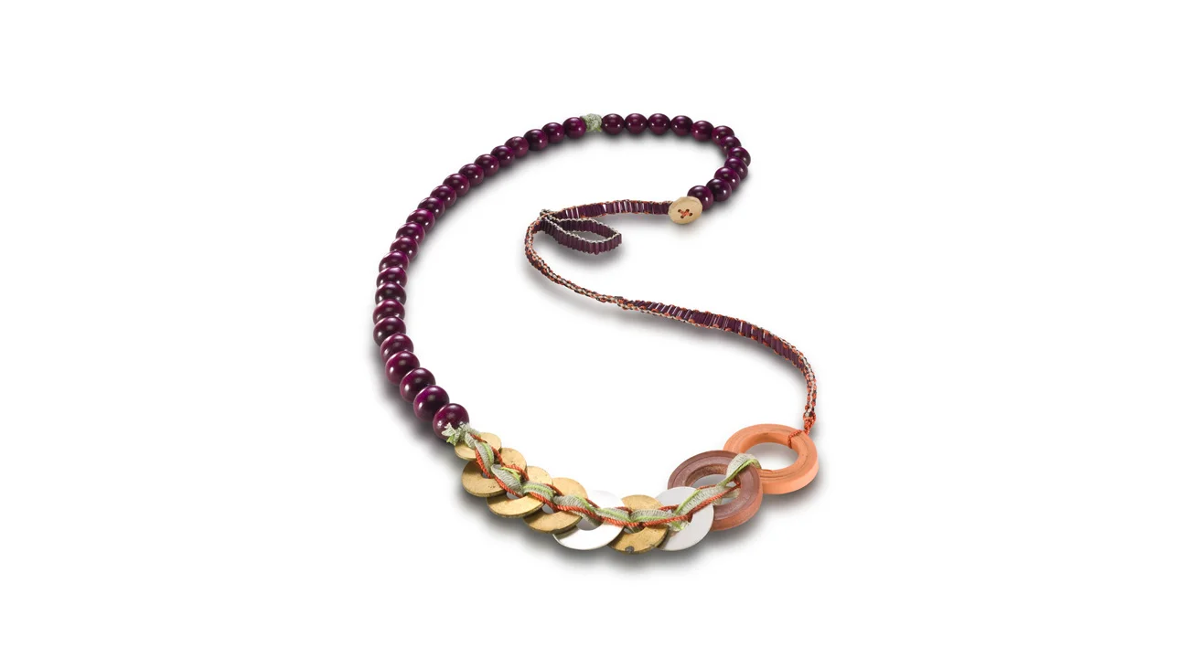 Materials: mixed media, glass and wood bead, silk Date: 2010