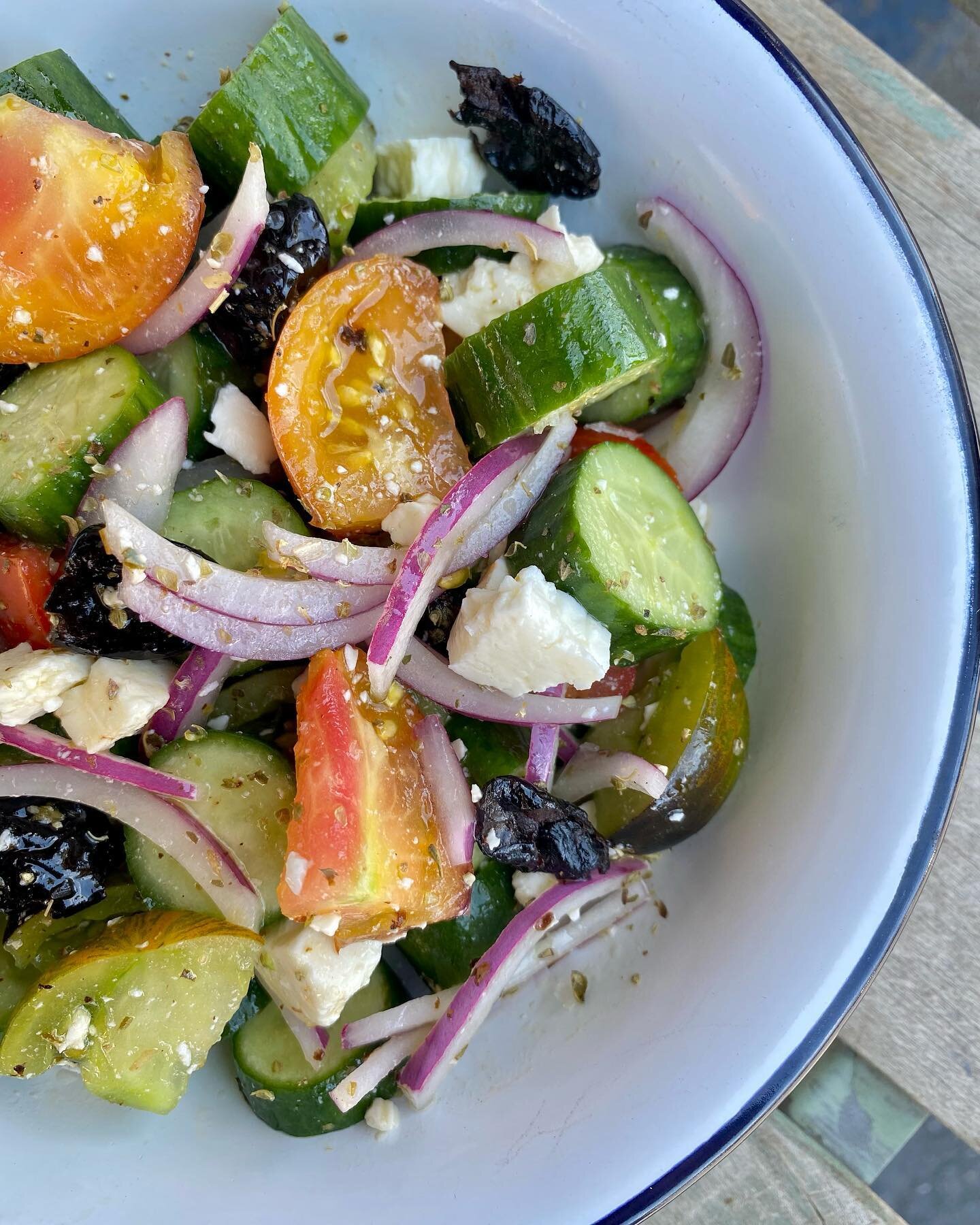 Kalionzes Greek salad now on the menu! 

&bull; Persian cucumbers, red onion, heirloom tomatoes, oil cured black olives, feta cheese, olive oil, rice vinegar + oregano &bull;