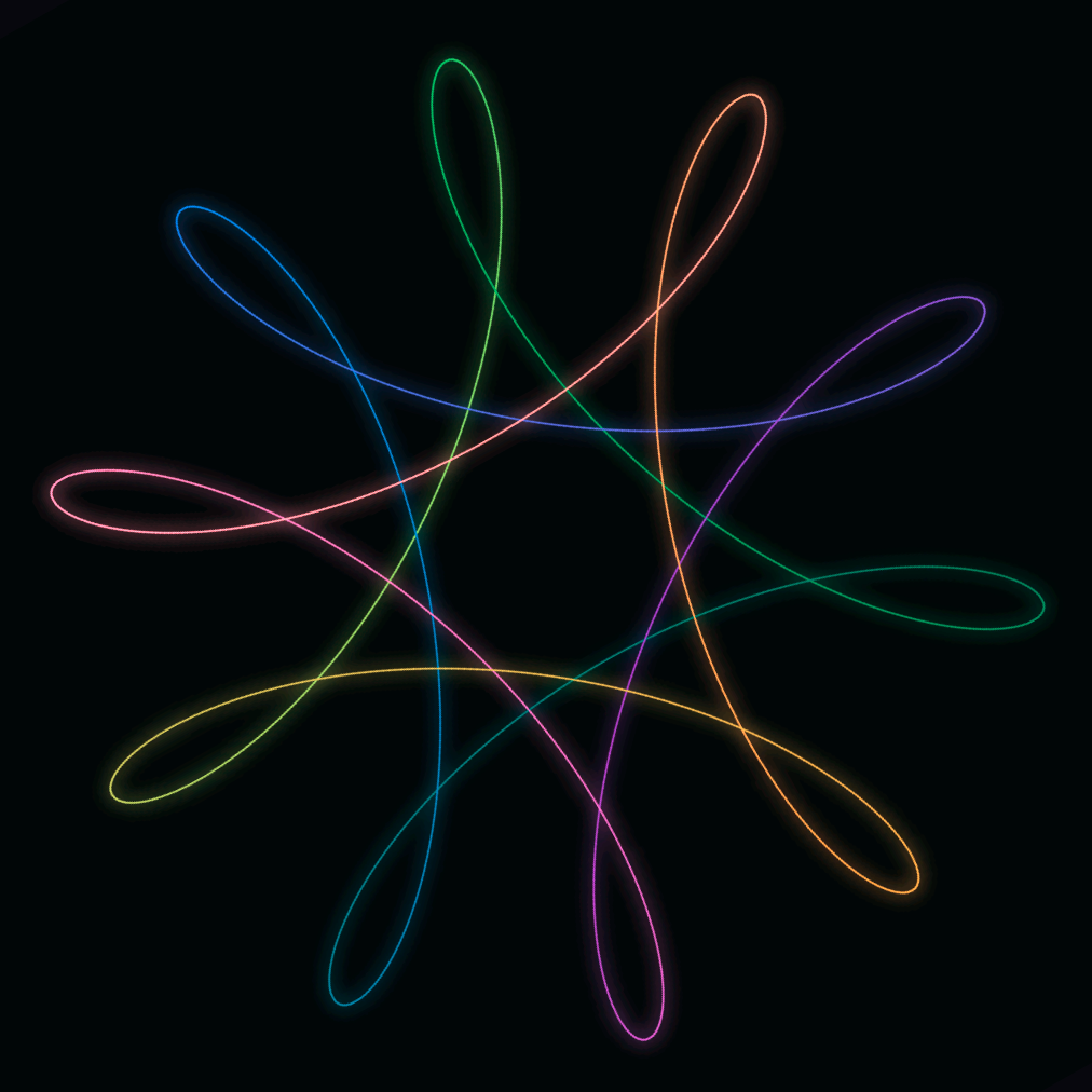Spirograph's Lace preset: a glowing multicolor looping curve on black