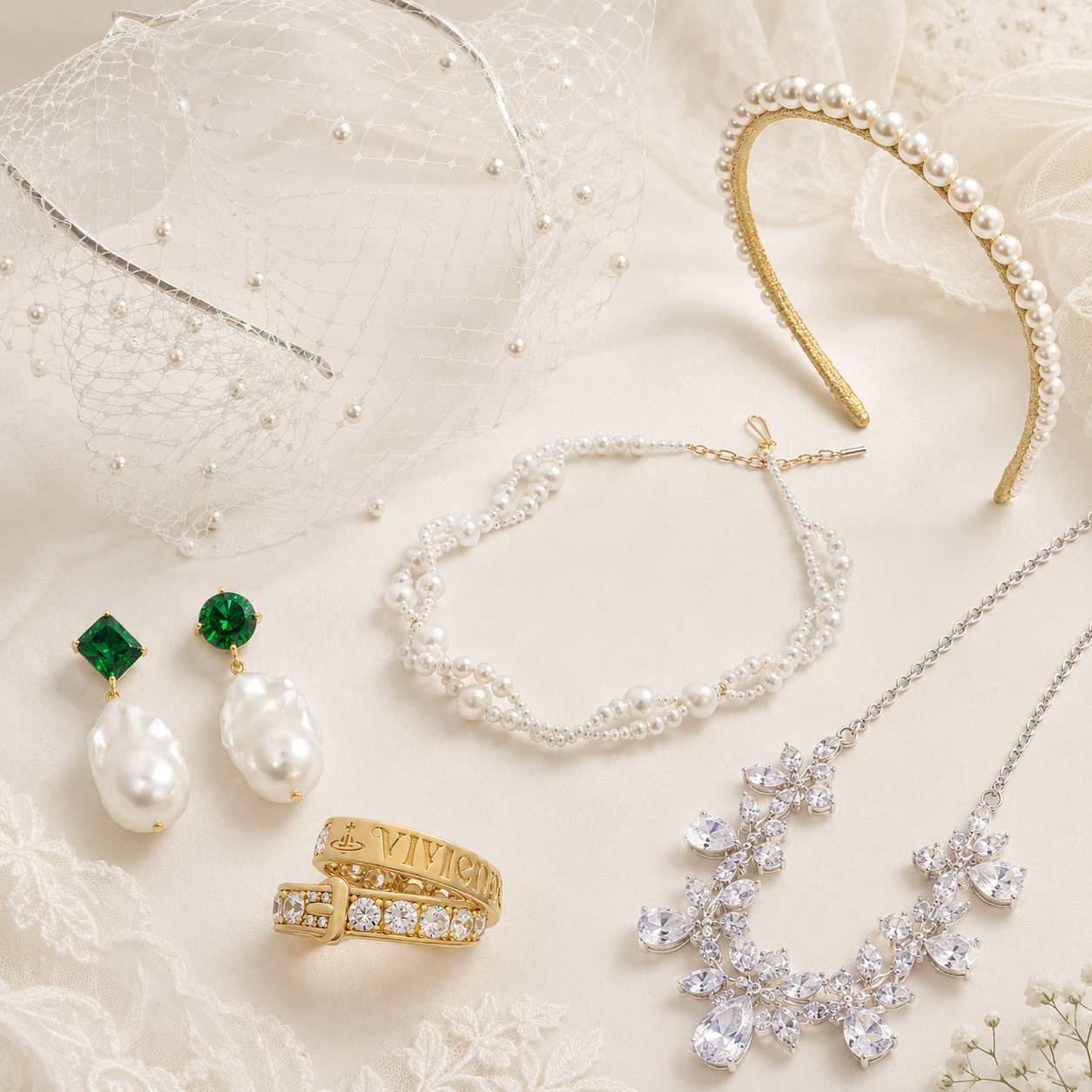 Elegant bridal accessories including white high heels, a pearl-embellished purse, a bridal dress form with pearl details, a bouquet of white roses, a mirror, and a string of pearls.