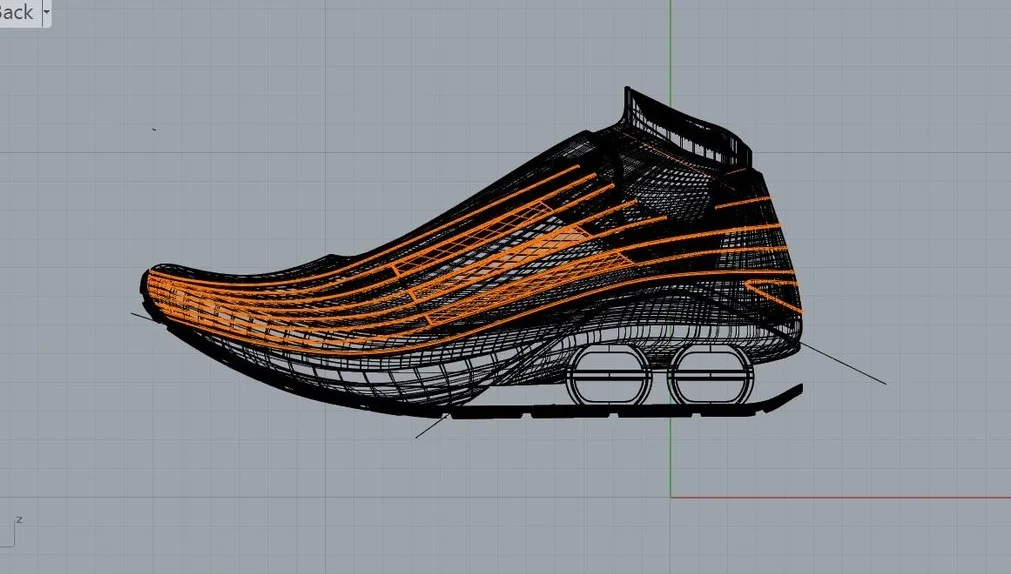  Using 3D Modeling programs like Rhino and Grasshopper, we can custom design embellishment onto footwear uppers. These designs can then be manipulated to fit the user’s needs in terms of stiffness and style. 