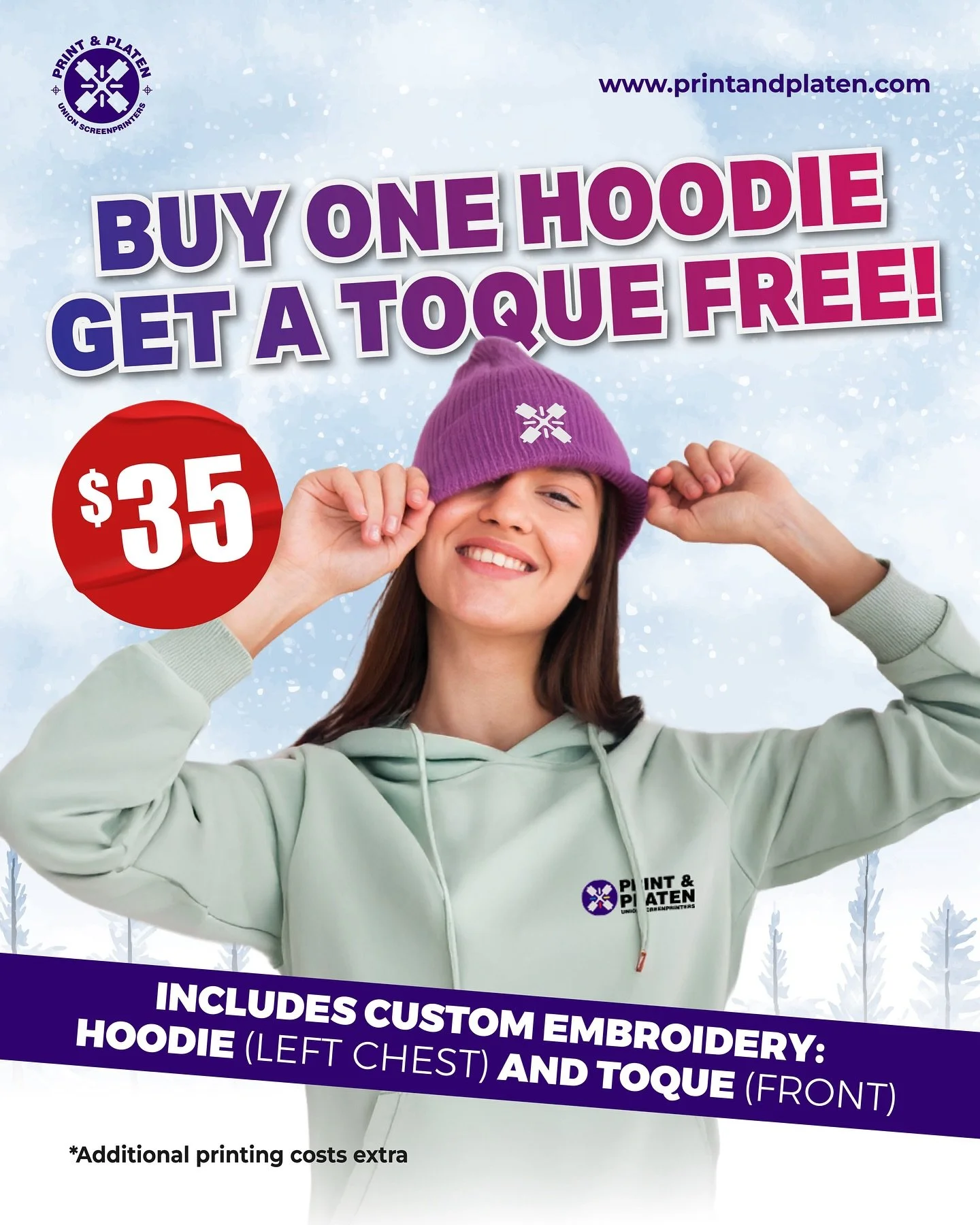 WINTER PROMO ALERT ❄️‼️🏷️ 

Bundle up and save BIG this winter season with the all new: Buy one Hoodie, Get one Toque FREE deal with @printandplaten 💜

This promotion comes with:
&bull; embroidery on upper left chest of hoodie 🪡 
&bull; embroidery