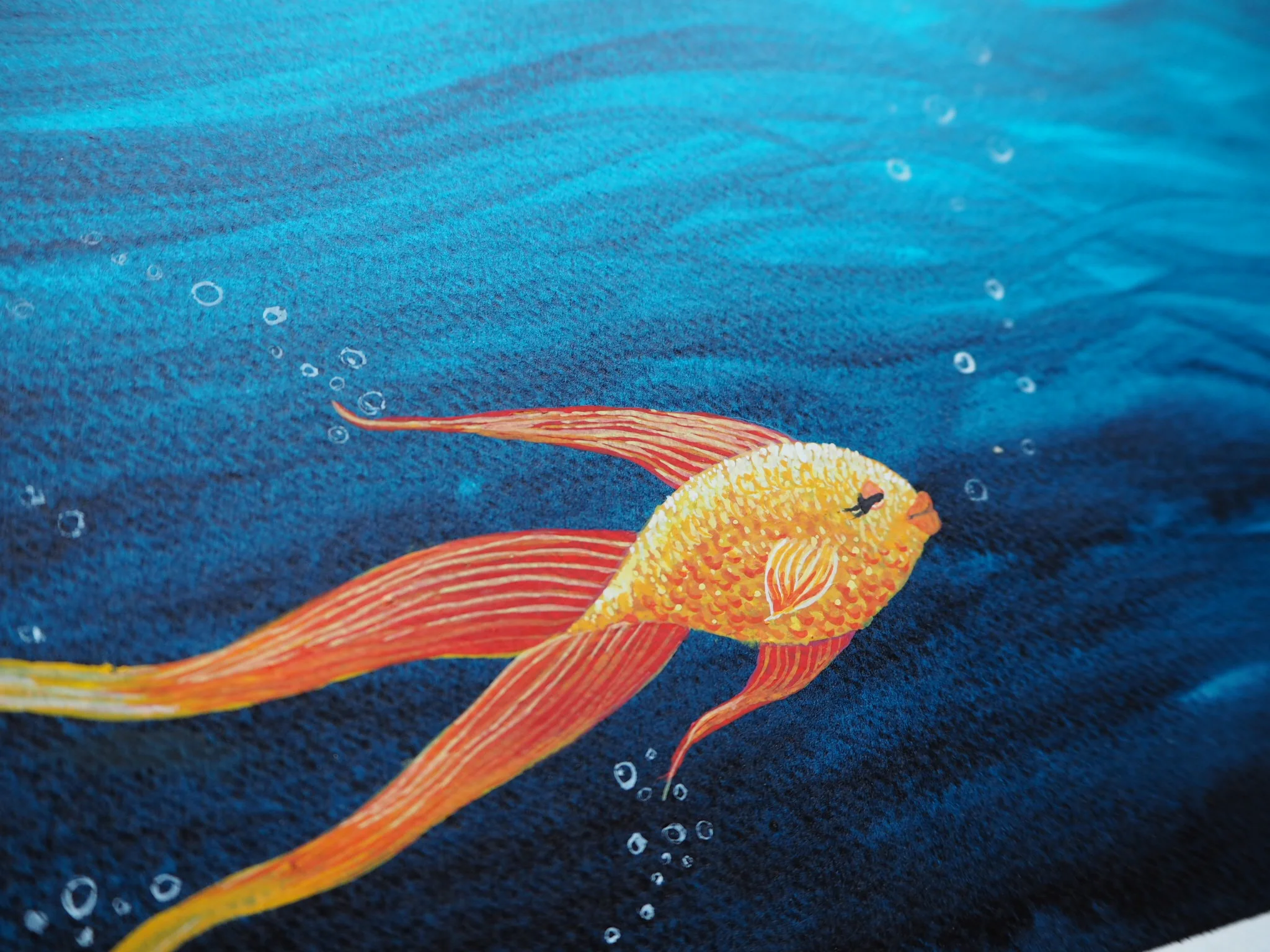  The background of this piece was done in beautiful Sennelier shellac based inks. The little fish in the foreground is done using gouache. 