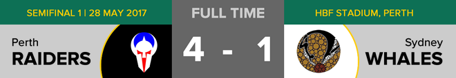 Goals: Perth 4 (Blake Sutcliffe, Rhys Milburn x 2, Jonathan Chan), Sydney 1 (Scott Philip). Free throws: Perth 9, Sydney 10. Penalties: Perth 2, Sydney 0. Time penalties: Perth 2, Sydney 2