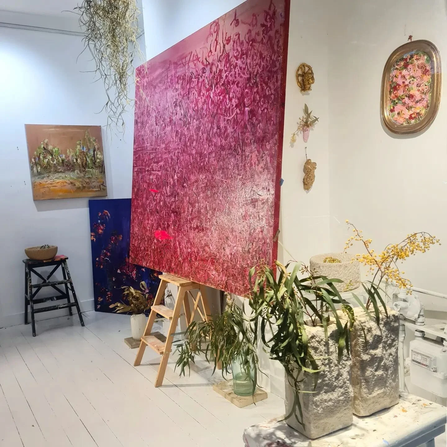 I am sharing my little world with you. 
Handcarved sandstone sculptures by @rnimmo, artworks painted by me alongside a messy painting desk (unshown in this picture) and it smelling like oil paint and Essential oils. The studio is located in Darlinghu