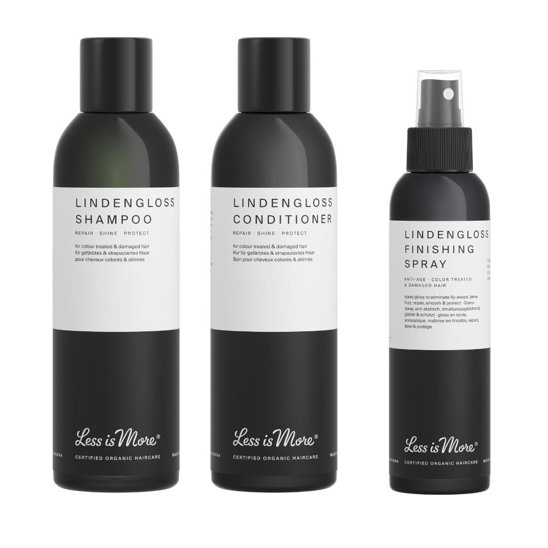 Say hello to Less is More Organic Hair Care Lindengloss line up! 

Lindengloss Finishing Spray is a glossing spray to smooth and protect coloured or stressed hair in particular. Smooths the hair structure. Has anti-static effect helping to stop flyaw