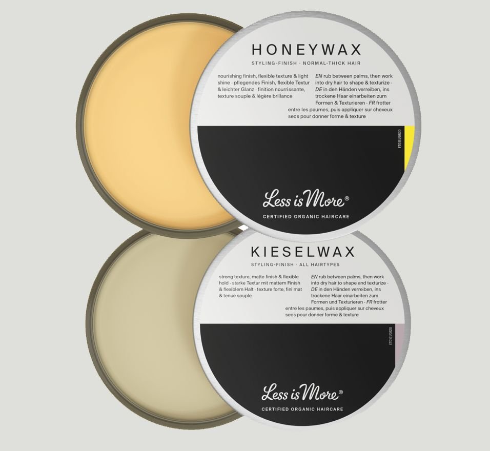 Less is More Organic Haircare Honeywax for short to medium length hair, for flexible hold and shine. Kieselwax for a burst of peppermint, matte, strong hold and texturising.