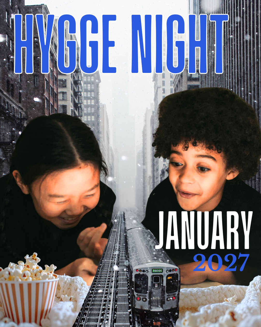 a collage image of two kids watching a Chicago el train with a blanket and popcorn in the foreground