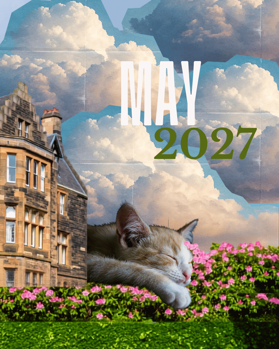 collage image contains; gable facade brick house with a flower garden in front. Sleeping cat, and cloudy sky.