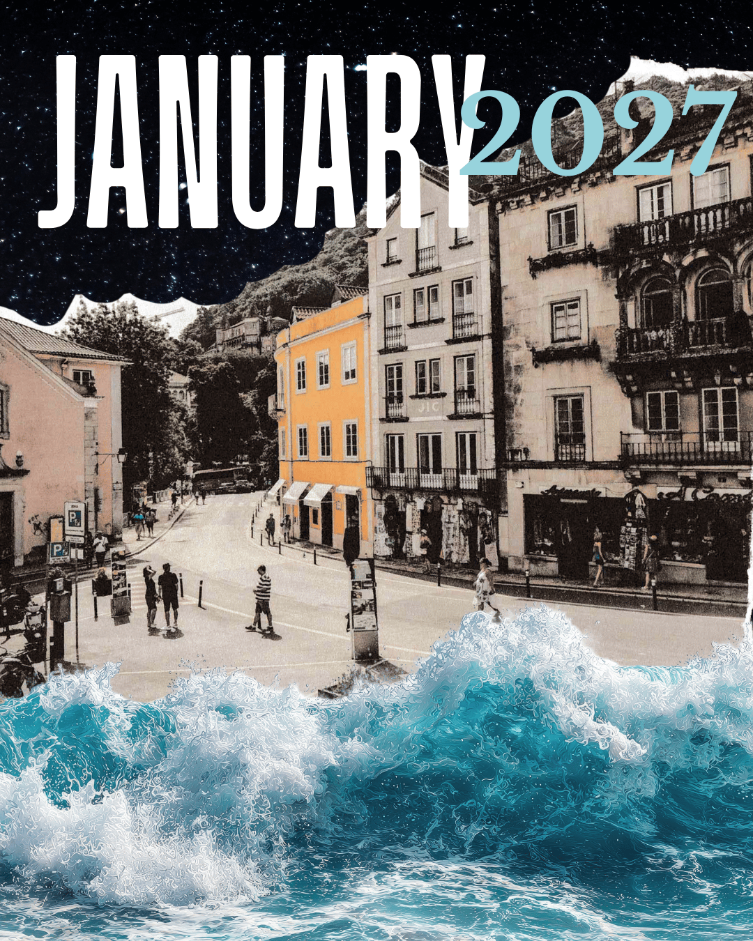 collage image contains; waves crashing onto street in europe, in the evening.
