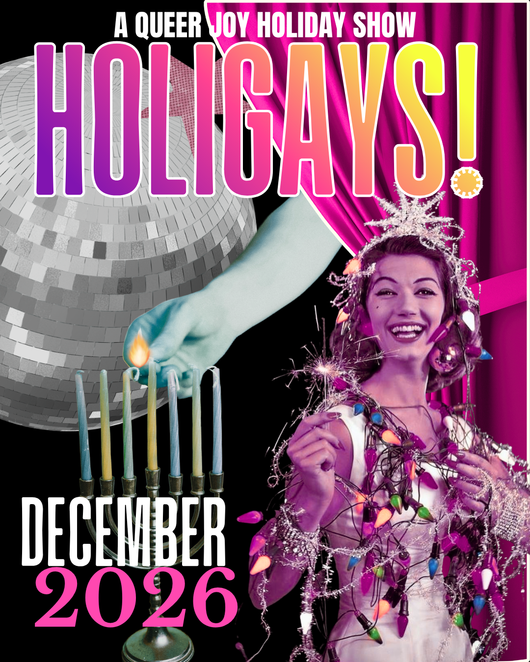 a disco ball behind a teal hand lighting a menorah and a white woman holding a sparkler while covered in christmas lights. it's a lot and it's super queer.